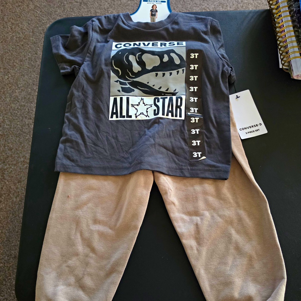 Converse Boys 3T 2 Pc Outfit Set Short Sleeve Graphic Tee & Beige Pants